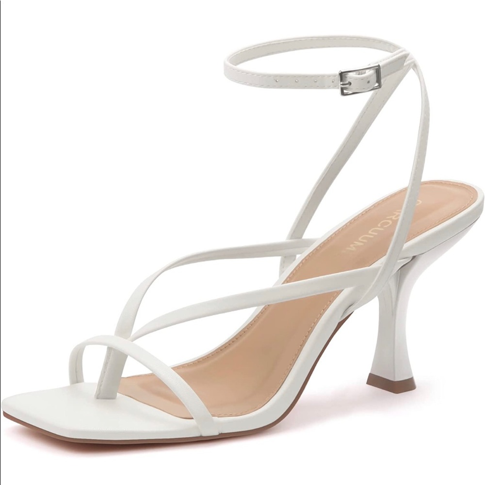 White strappy sandals, kitten heel